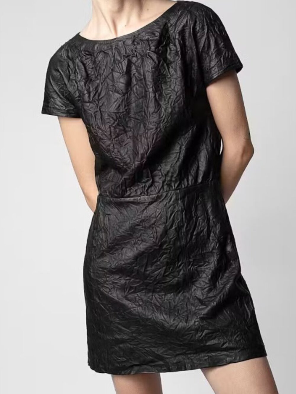 NWT Zadig & Voltaire Rexa Crinkled Lamb Leather Mini Dress – Black – Size